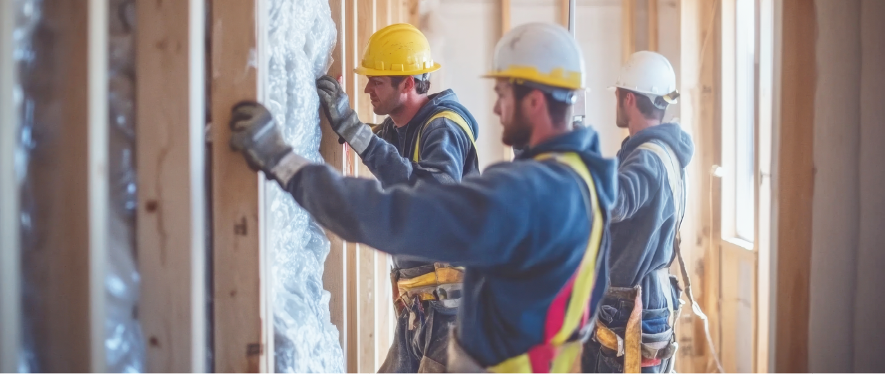 Clean energy workers installing insulation